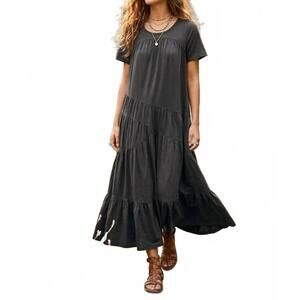 NEW SURELYMINE savannah vintage relaxed cotton tiered maxi dress in black